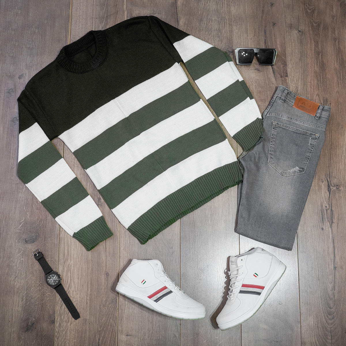 پلیور راه راه سبزسفید مردانه مدل Sosha