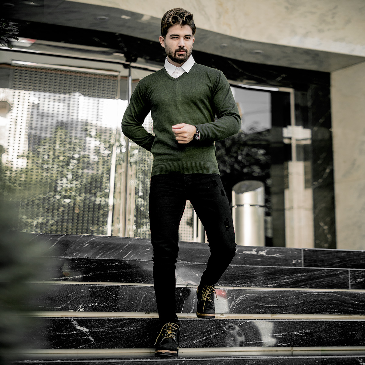 پلیوربافت یقه هفت سبز مردانه مدلETM