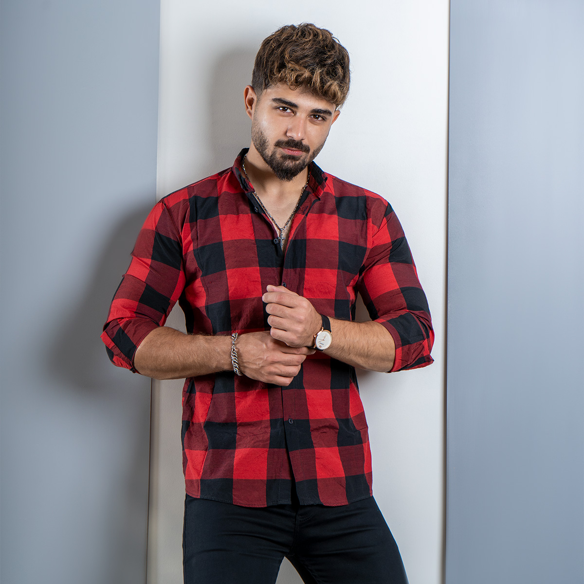 پیراهن مردانه چهارخونه قرمز مشکی (T) مردانه مدل hadin
