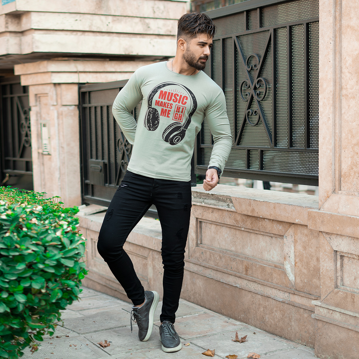 تیشرت آستین بلند مردانه طرح هدست سبز مدل O22