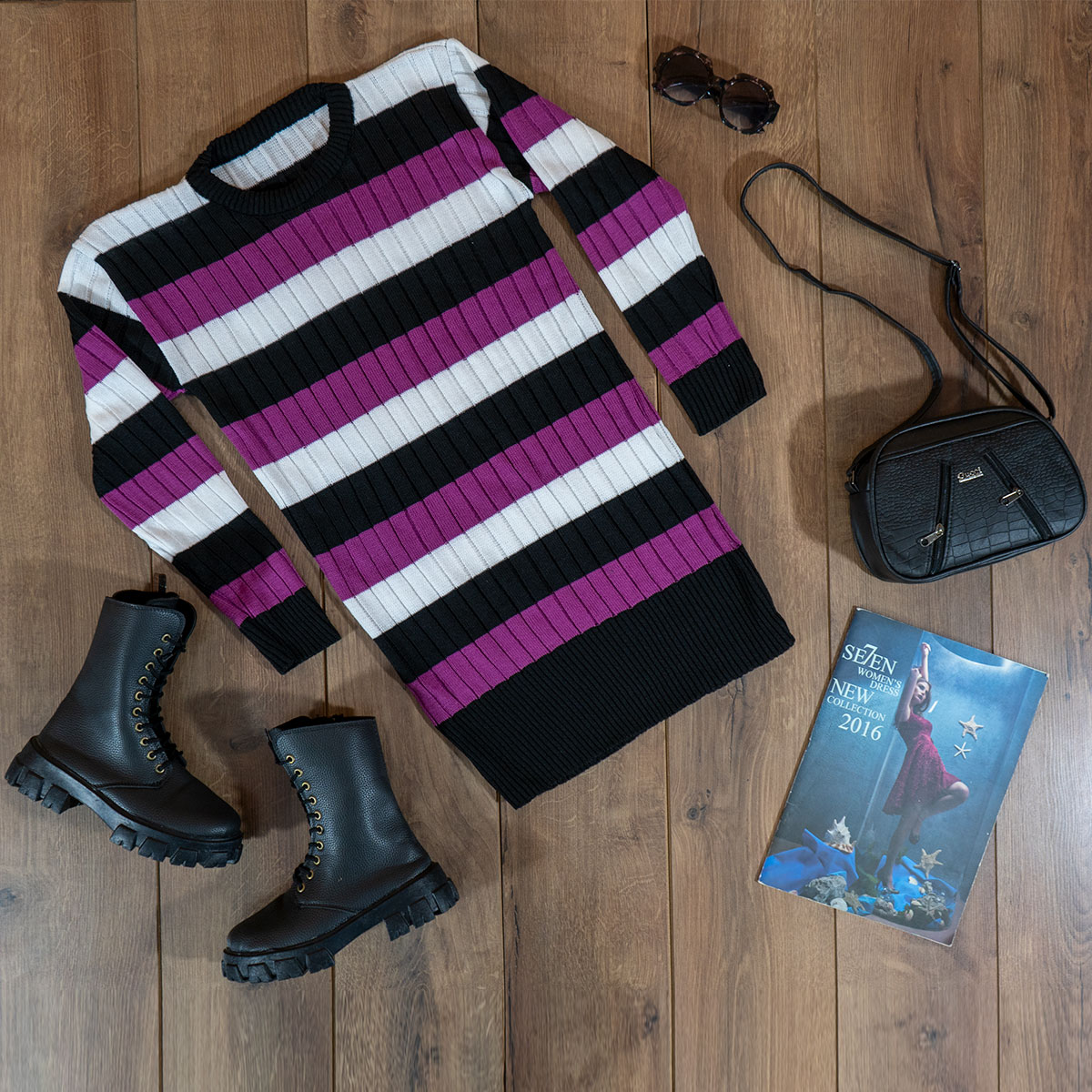 تونیک بافت زنانه راه راه بنفش مشکی مدل kareno