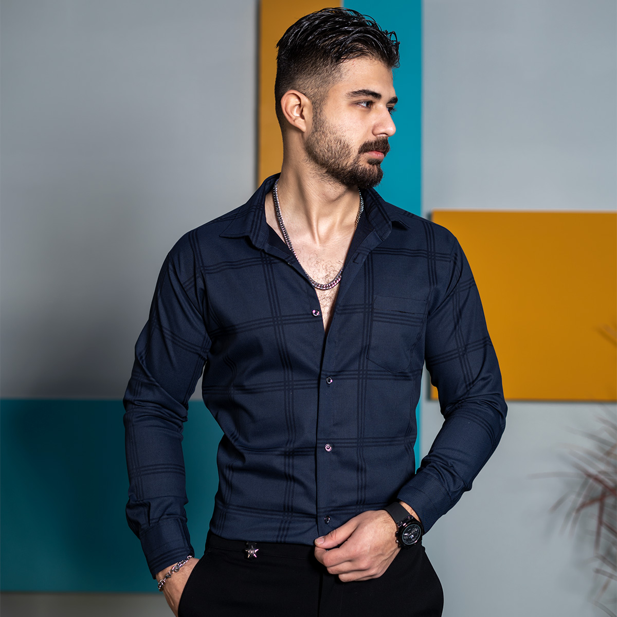 پیراهن مردانه چهارخونه سرمه ای مدل Ravin