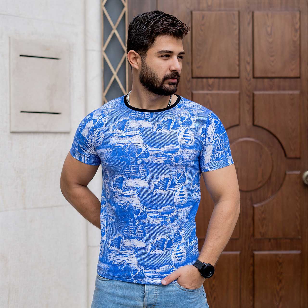 تیشرت طرحدار آبی مردانه مدل TOTIX