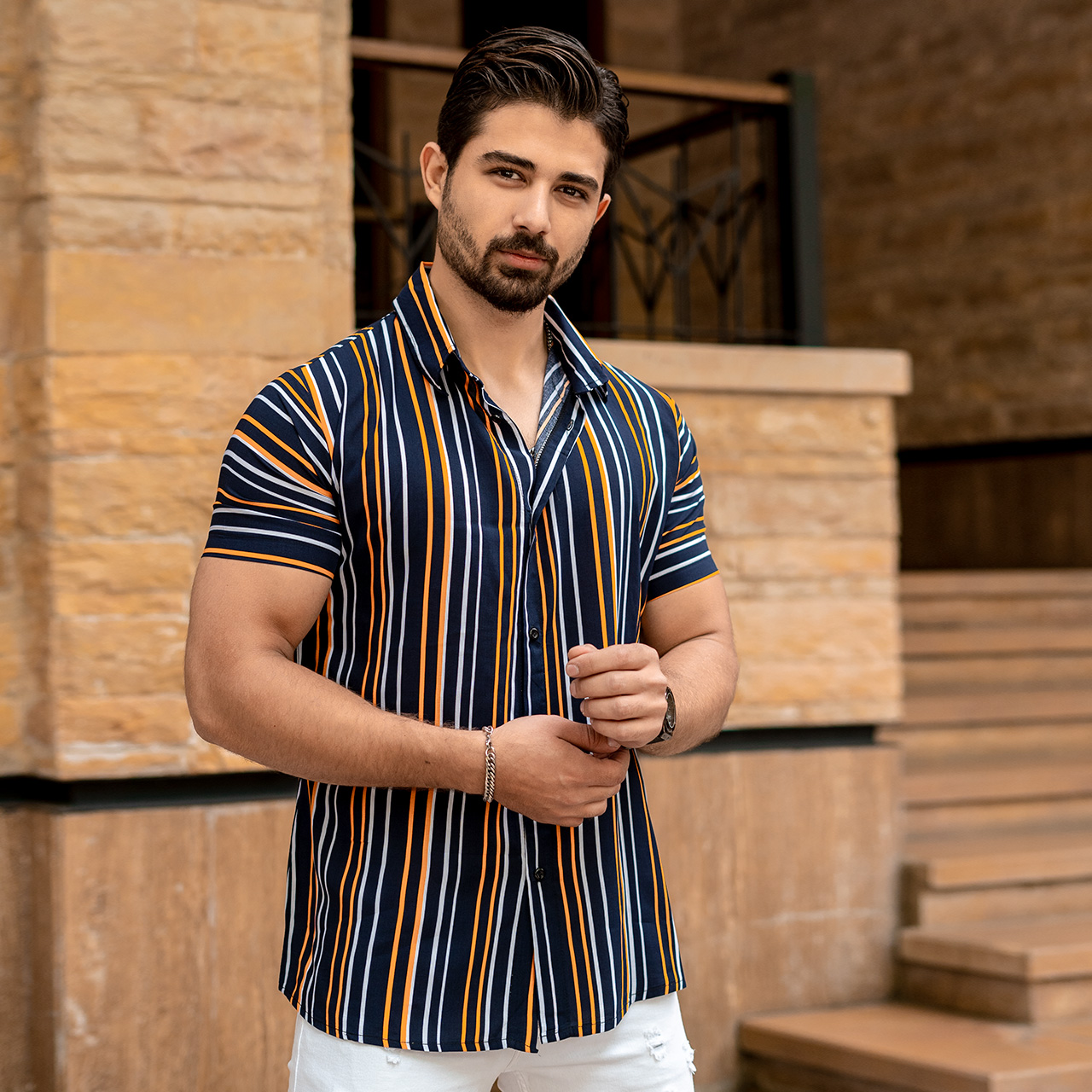 پیراهن هاوایی مردانه راه راه مدل P14