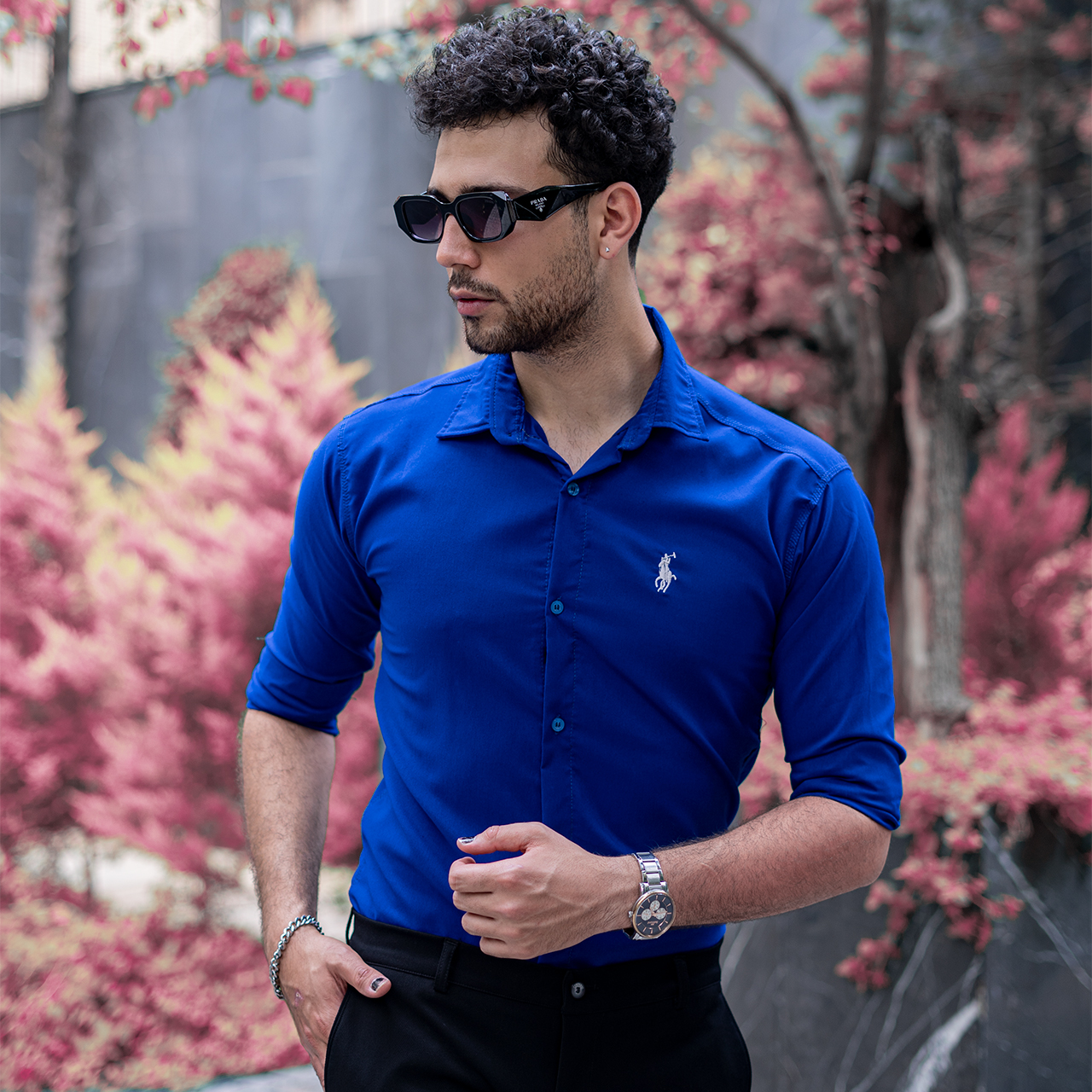 پیراهن مردانه آبی کاربنی مدل VQ