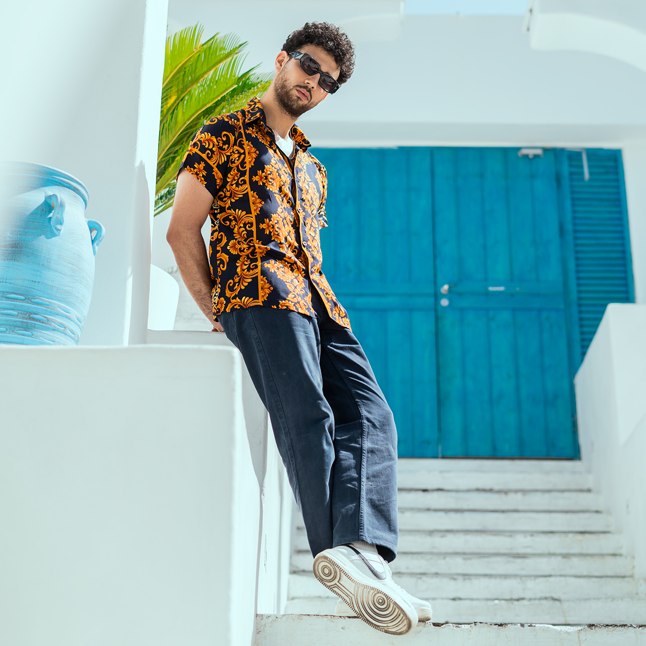 پیراهن هاوایی طرح گل طلایی مردانه مدل G902