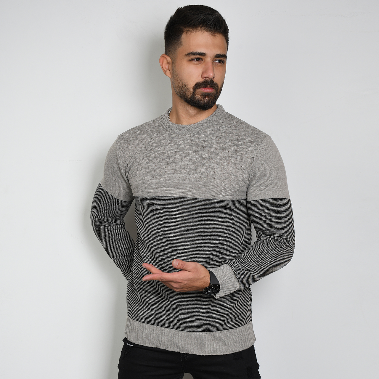 پلیور مردانه راه راه طوسی مدل navid