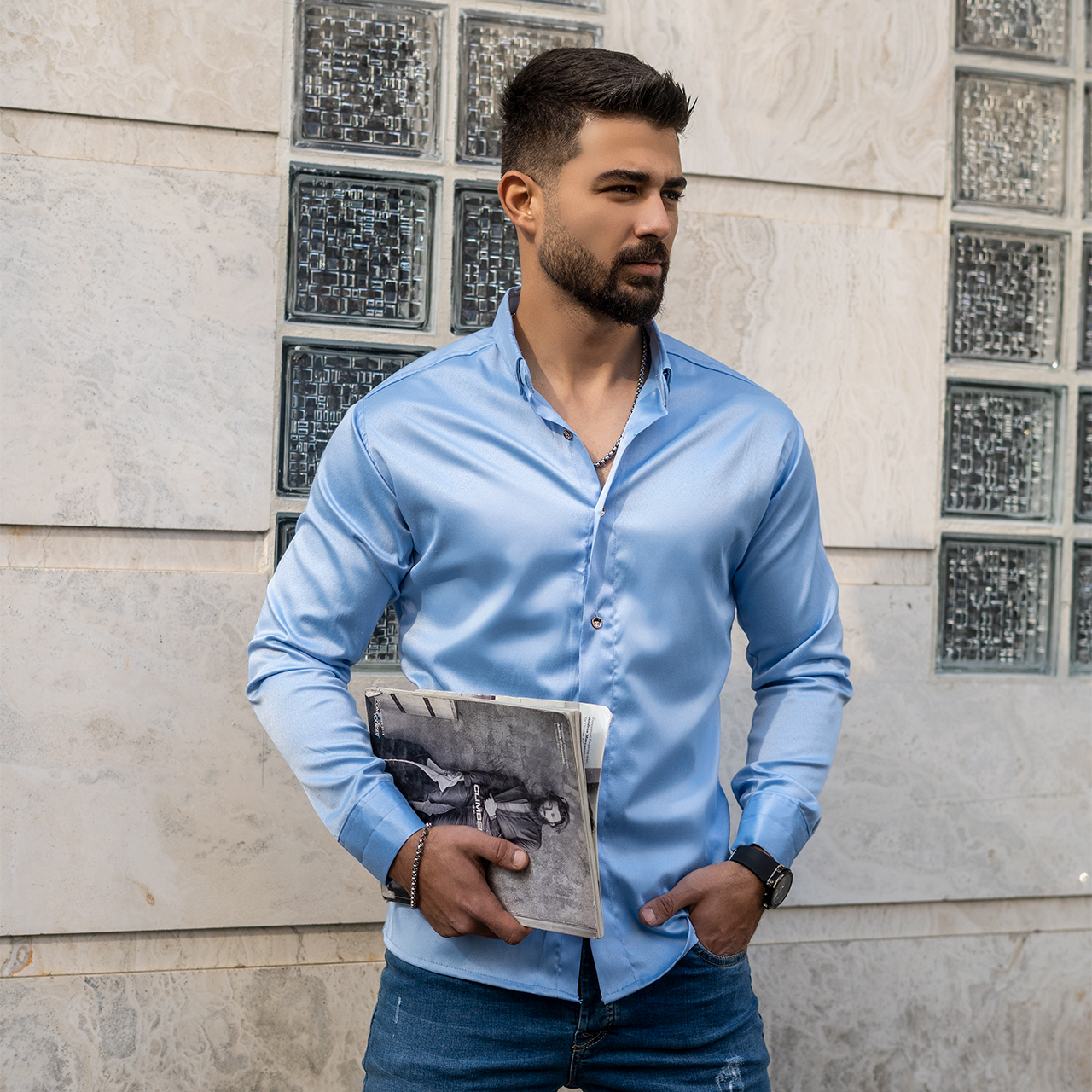 پیراهن ساتن آبی مردانه مدل Rabo