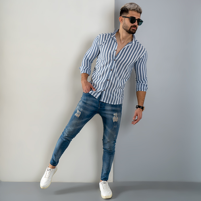 پیراهن راه راه سفید سرمه ای مردانه مدل HAMED