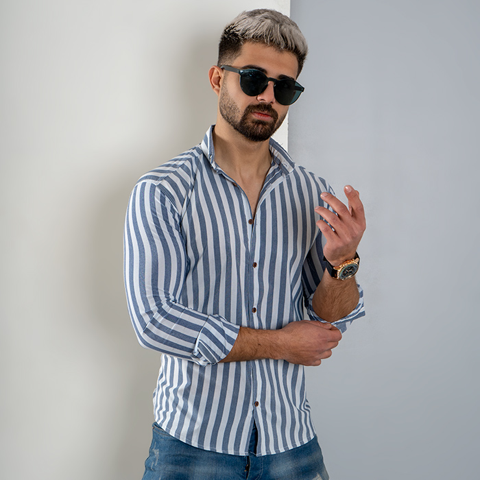 پیراهن راه راه سفید سرمه ای مردانه مدل HAMED