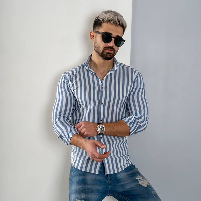 پیراهن راه راه سفید سرمه ای مردانه مدل HAMED