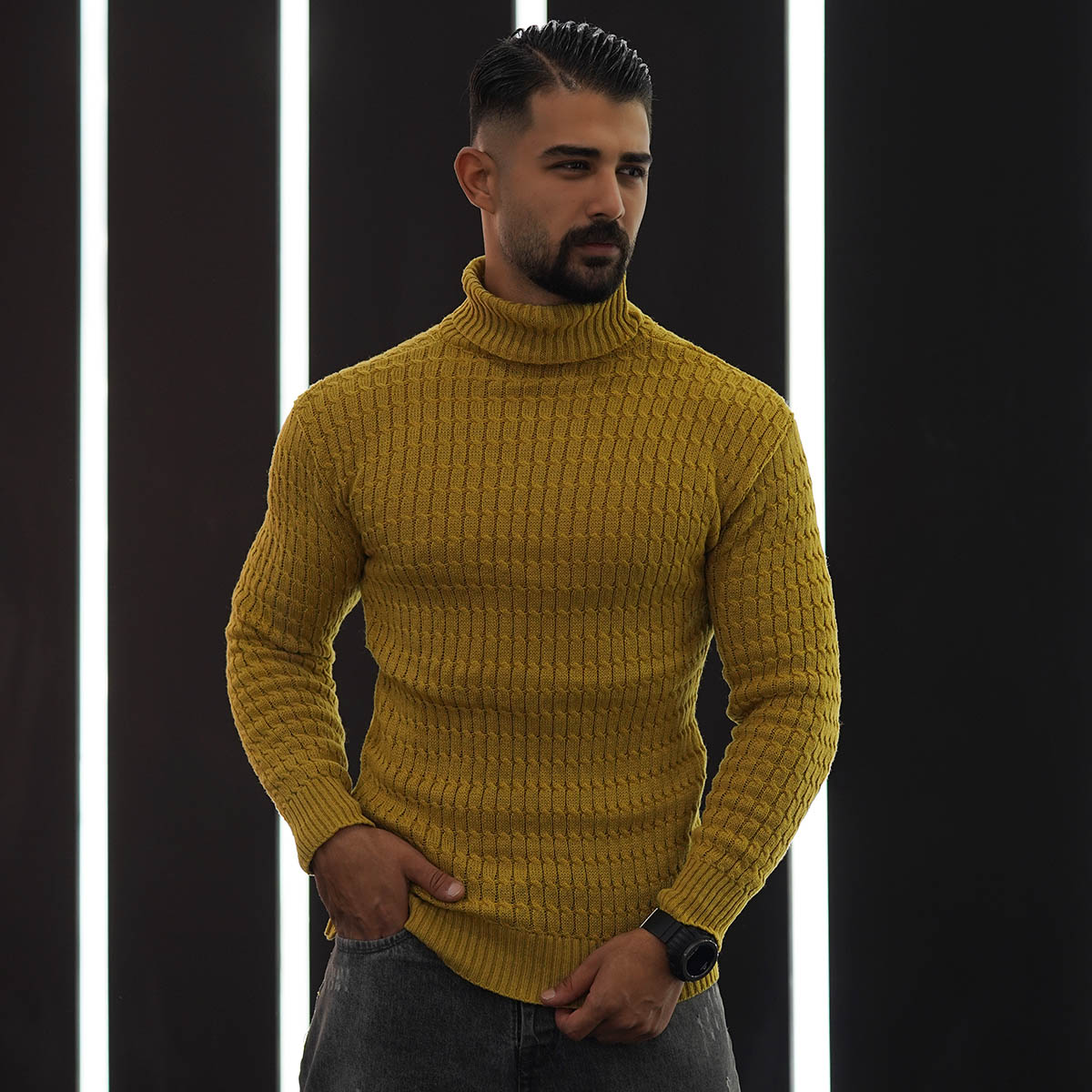 پلیوربافت مردانه خردلی یقه اسکی مدل Pouyan