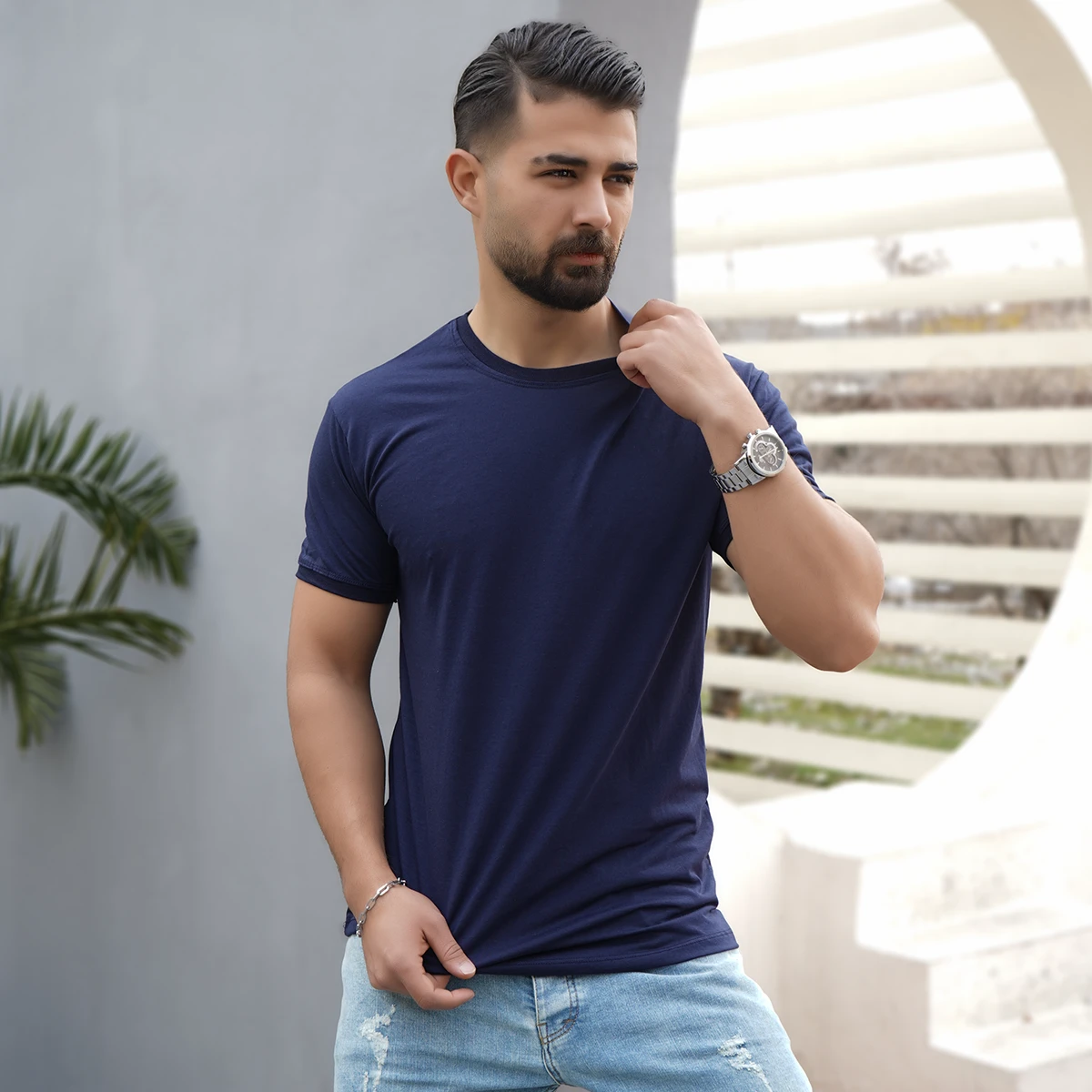 تیشرت ساده سرمه ای مردانه مدل Edvan