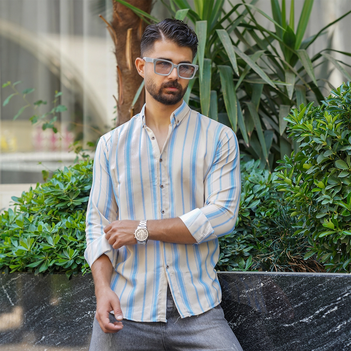 پیراهن راه راه زرد آبی مردانه مدل Ramin