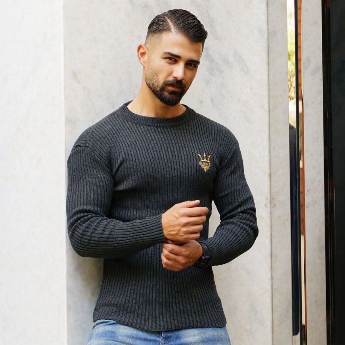 بافت یقه گرد کشبافت کبریتی طوسی مدل Rama